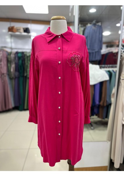 61035 Önü Boncuk Düğmeli Göğüsü Çiçek Desenli Oversize Pamuklu Gömlek #04-25#