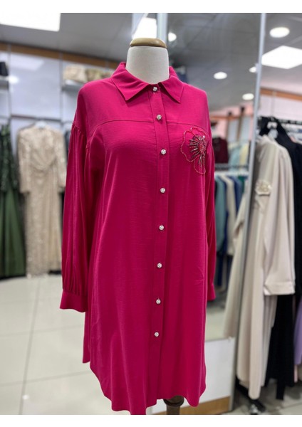 61035 Önü Boncuk Düğmeli Göğüsü Çiçek Desenli Oversize Pamuklu Gömlek #04-25# fiyatları