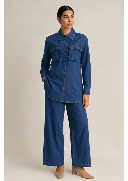 56039 Tuniğin Önü Düğmeli Önü Cep Detaylı Kolları Manşetli Pantolonun Beli Lastikli Bol Paça Tansel Ikili Takım #03-25#