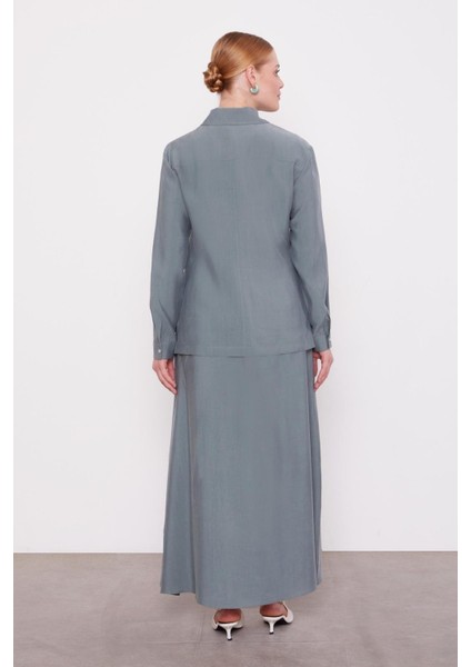 100767 Önü Fermuarlı Yarıya Kadar Çıtçıt Detaylı Gömlek Yaka Kolları Manşetli Eteğin Beli Lastikli Etekli Takım fiyatları