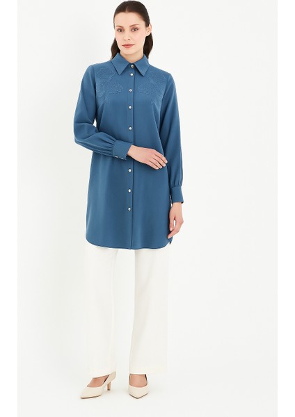 61058 Göğsü Çiçek Detaylı Önden Düğmeli Pamuklu Gömlek #06-25#