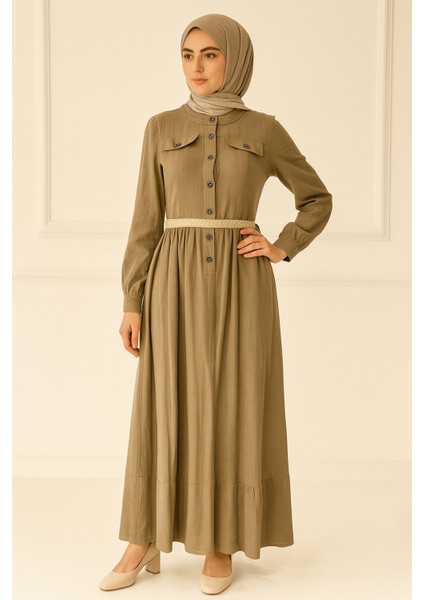 63100 Önü Yarım Düğmeli Kol Ucu Manşetli Beli Kemeri Hasır Detaylı Keten Elbise #04-25#