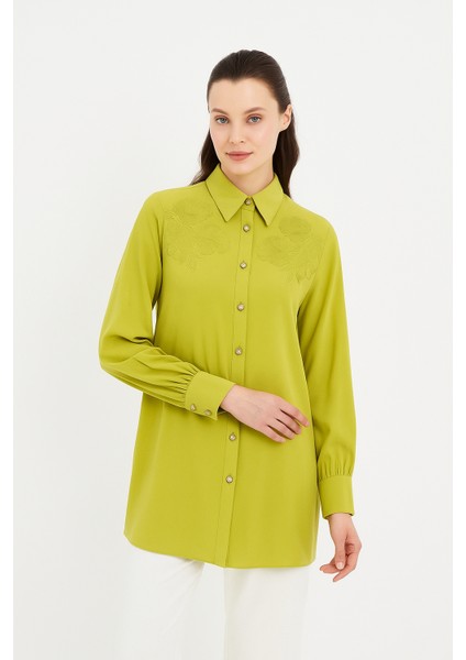 61058 Göğsü Çiçek Detaylı Önden Düğmeli Pamuklu Gömlek #06-25#