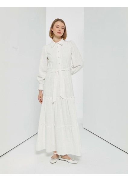 63089 Önü Inci Düğmeli Gömlek Yaka Kol Ucu Lastikli Alt Kısım Fırfır Detaylı Keten Elbise #04-25#