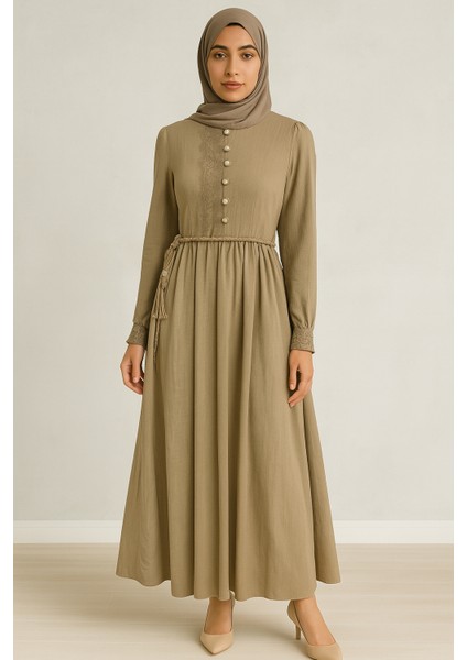 63094 Önü Inci Detaylı Beli Bağlamalı Kol Ucu Tüylü Keten Elbise #04-25#