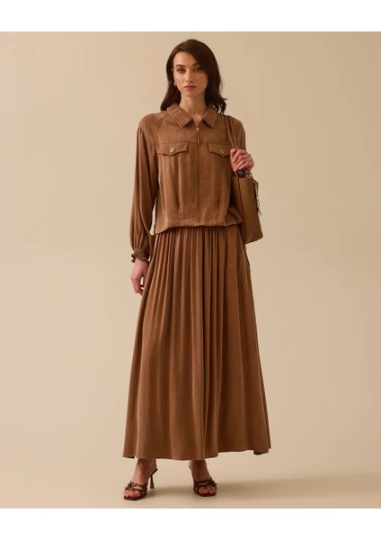 1012 Günlük Ceket Önü Fermuarlı Kol Ucu Lastikli Önden Cep Detaylı Arkası Lastik Detaylı Kupra Kumaş Günlük Ceket #03-25#