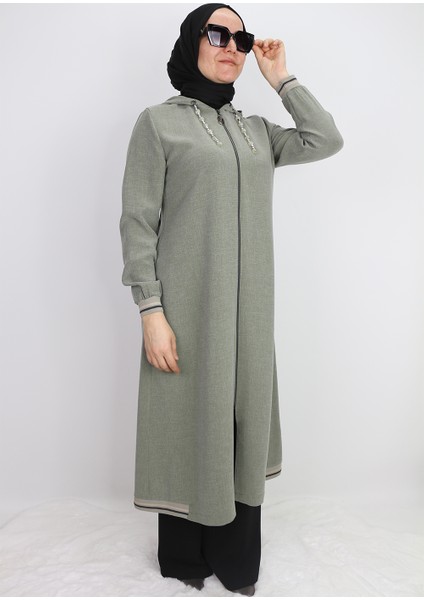 2130 Kapişonlu Kol Ucu Lastikli Önü Fermuarlı Yanları Lastik Detaylı Kapişonu Zincirli Giy-Çık Kap #02-25#