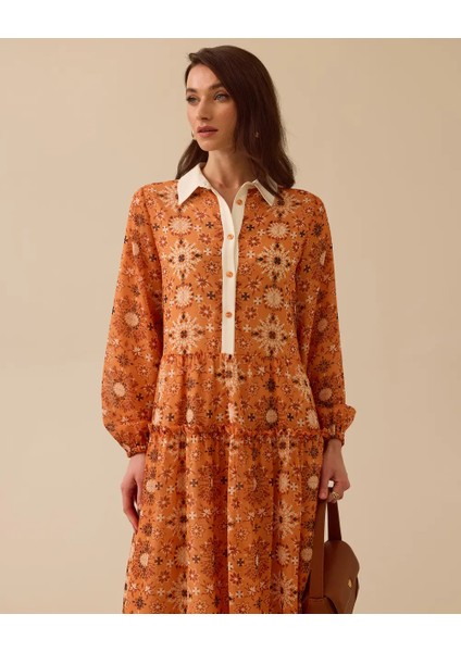 11002 Gömlek Yaka Önden Düğmeli Kol Ucu Lastikli Desenli Şifon Elbise #03-25#