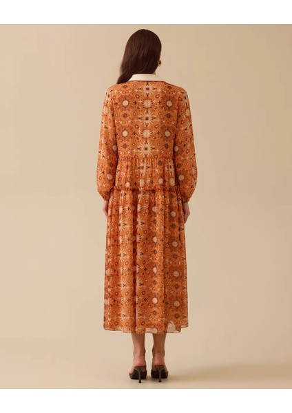 11002 Gömlek Yaka Önden Düğmeli Kol Ucu Lastikli Desenli Şifon Elbise #03-25# fiyatları