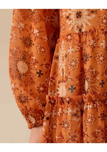 11002 Gömlek Yaka Önden Düğmeli Kol Ucu Lastikli Desenli Şifon Elbise #03-25# modelleri