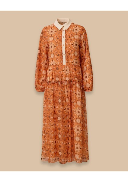 11002 Gömlek Yaka Önden Düğmeli Kol Ucu Lastikli Desenli Şifon Elbise #03-25# fırsatları