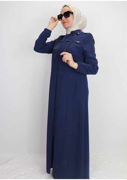 4048KOLLARI Şerit Detaylı Kol Ucu Lastikli Kapüşonlu Ferace #23-01# Qys 4048 Ferace