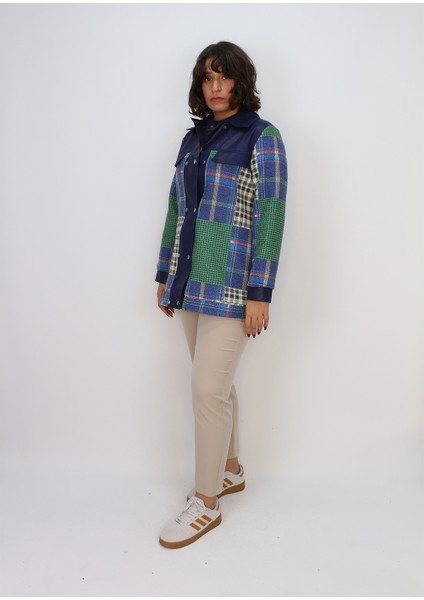 1112 Önü Çift Çıt Çıt Detaylı Yaka Kol Ucu Deri Görünümlü Kısa Desenli Ceket Qks #24-10#