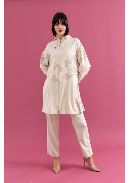 25109 Önü Fermuarlı Kapişonlu Önü Çiçek Detaylı Önü Taşlı Pantolonun Beli Lastikli Ikili Spor Takım #02-25# fırsatları