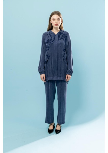 1539 Kupra Ikili Takım Gömleğin Önü Düğmeli Kolları Manşetli Desenli Boncuk Işlemeli Pantolonun Beli Lastikli ve Cep Detaylı Kupra Ikili Takım #03-25#