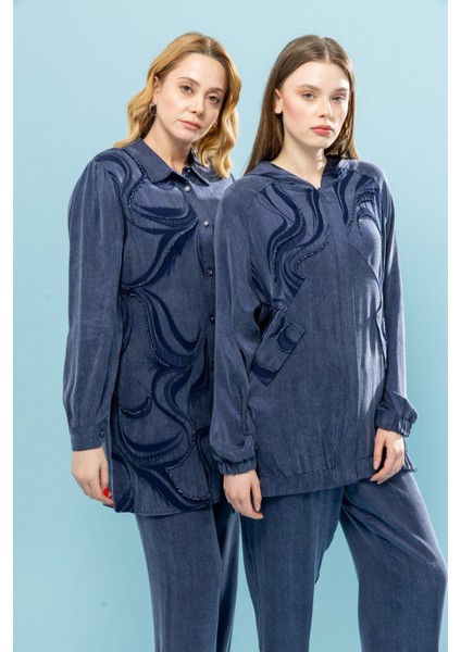 1539 Kupra Ikili Takım Gömleğin Önü Düğmeli Kolları Manşetli Desenli Boncuk Işlemeli Pantolonun Beli Lastikli ve Cep Detaylı Kupra Ikili Takım #03-25# fiyatları