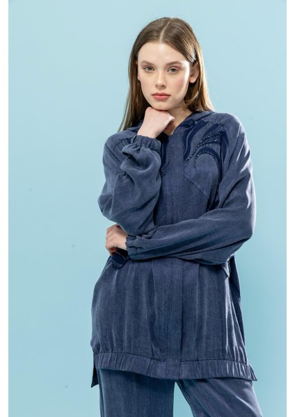 1539 Kupra Ikili Takım Gömleğin Önü Düğmeli Kolları Manşetli Desenli Boncuk Işlemeli Pantolonun Beli Lastikli ve Cep Detaylı Kupra Ikili Takım #03-25# modelleri