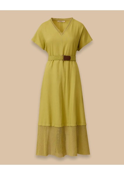 10037 V Yaka, Yakası ve Eteğin Uç Kısmı File Detaylı Beli Kemerli Yarım Kol Elbise 10002511310037 #06-25# fırsatları