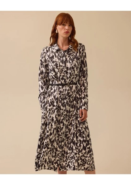 10008 Gömlek Yaka Önü Düğmeli Yanları Cepli Kolları Manşetli Desenli Şifon Elbise #03-25#