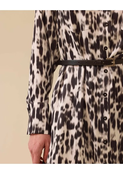 10008 Gömlek Yaka Önü Düğmeli Yanları Cepli Kolları Manşetli Desenli Şifon Elbise #03-25# modelleri