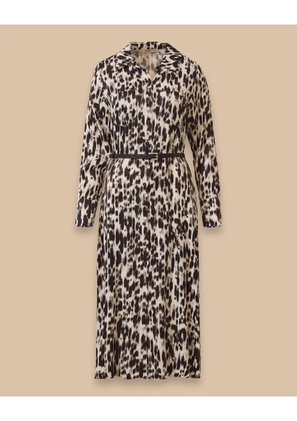 10008 Gömlek Yaka Önü Düğmeli Yanları Cepli Kolları Manşetli Desenli Şifon Elbise #03-25# fırsatları