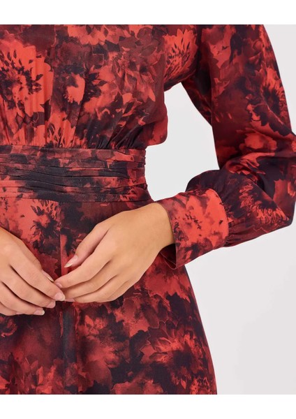 1011 Sıfır Yaka Boynu Boncuklu Kolları Manşetli Beli Dikiş Detaylı Desenli Şık Elbise #03-25# fırsatları