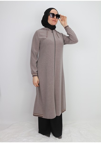 2130 Kapişonlu Kol Ucu Lastikli Önü Fermuarlı Yanları Lastik Detaylı Kapişonu Zincirli Giy-Çık Kap #02-25#