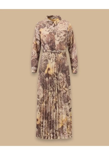 1009 Şık Elbise Gömlek Yaka Önü Yarıya Kadar Düğmeli Belden Aşağı Pile Detaylı Beli Kemerli Desenli Şık Elbise #03-25# indirimleri