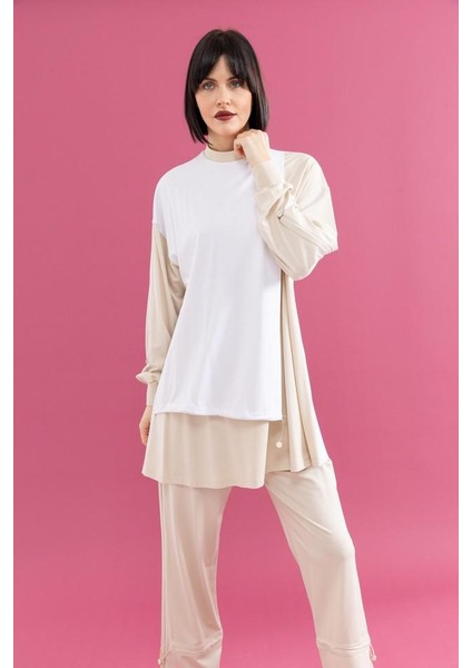 25103 Sıfır Yaka En Alt Detayı ve Kol Ucu Lastikli Pantolonun Beli Lastikli Iki Renkli Spor Takım #02-25#