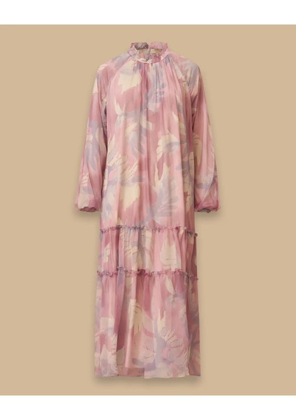 11037 Sıfır Yaka Kol Ucu Lastikli Arkası Fermuarlı Altı Kat Detaylı Desenli Elbise #03-25# indirimleri