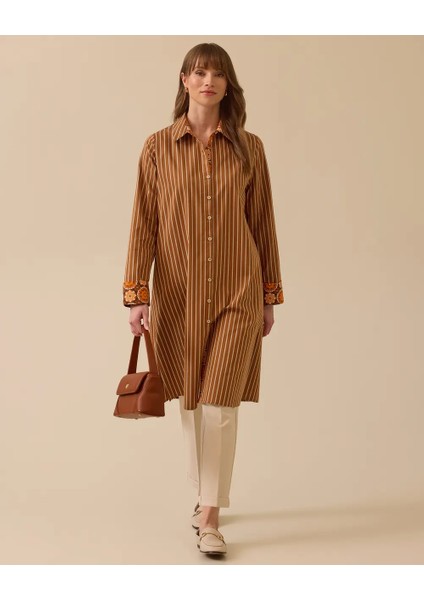 1001 Önü Düğmeli Kolu Desenli Kat Detaylı Kol Ucu Desenli Çizgili Gömlek #03-25#