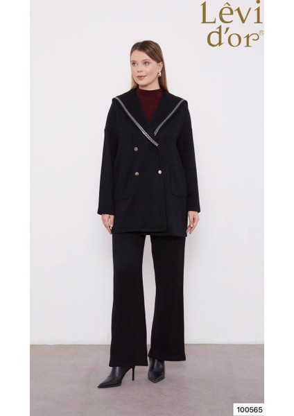 100565 Ceketli Takım Önü Çift Düğmeli Krauze Yaka Şerit Detaylı Çift Cepli Pantolonun Beli Lastikli Bol Paça Spor Şık Ceketli Takım