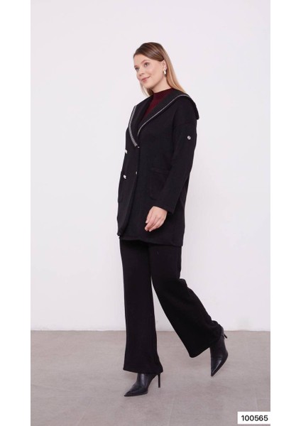 100565 Ceketli Takım Önü Çift Düğmeli Krauze Yaka Şerit Detaylı Çift Cepli Pantolonun Beli Lastikli Bol Paça Spor Şık Ceketli Takım fiyatları