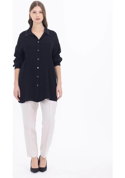 1007 Önü Çıt Çıt Düğmeli Yaka Demir Detaylı Büyük Beden Ceket Qys Günlük Cekekt 232401007 #23-04#