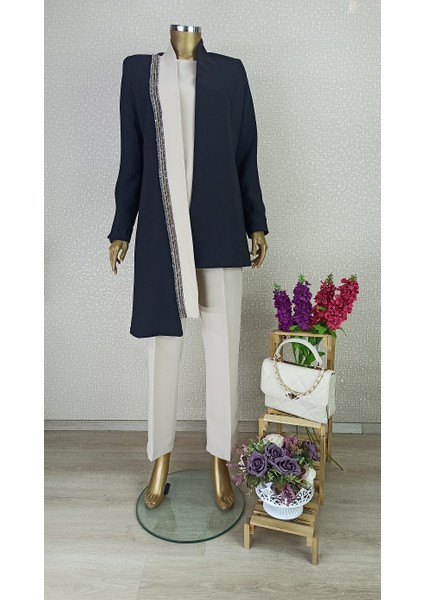 3104 Önü Şerit Taş Detaylı Asimetrik Kesim Beli Bağlamlaı Pantolon Beli Yarım Lastikli 3 Lü Takım Qys Takım 3104 #2032-083