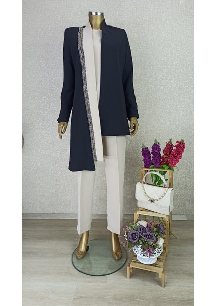 3104 Önü Şerit Taş Detaylı Asimetrik Kesim Beli Bağlamlaı Pantolon Beli Yarım Lastikli 3 Lü Takım Qys Takım 3104 #2032-083 fiyatları