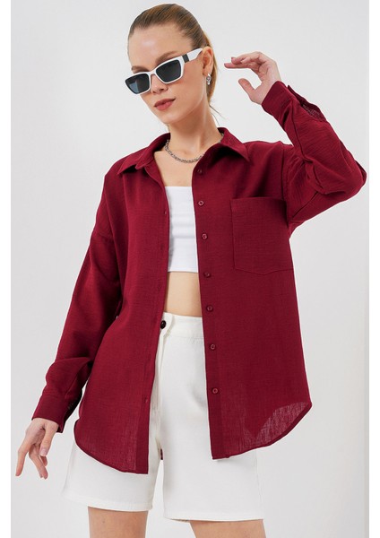 20153 Tek Cepli Oversize Keten Gömlek - Bordo