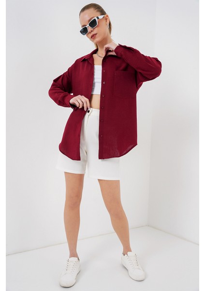 20153 Tek Cepli Oversize Keten Gömlek - Bordo fiyatları
