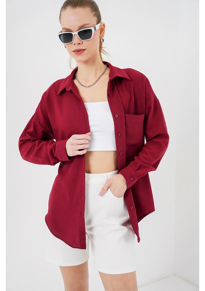 20153 Tek Cepli Oversize Keten Gömlek - Bordo fırsatları