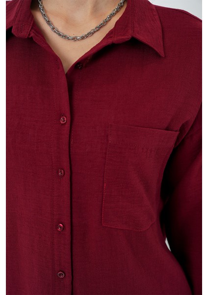 20153 Tek Cepli Oversize Keten Gömlek - Bordo indirimleri