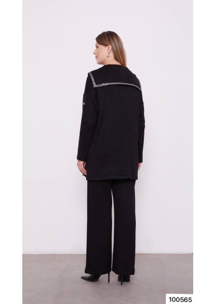 100565 Ceketli Takım Önü Çift Düğmeli Krauze Yaka Şerit Detaylı Çift Cepli Pantolonun Beli Lastikli Bol Paça Spor Şık Ceketli Takım indirimleri