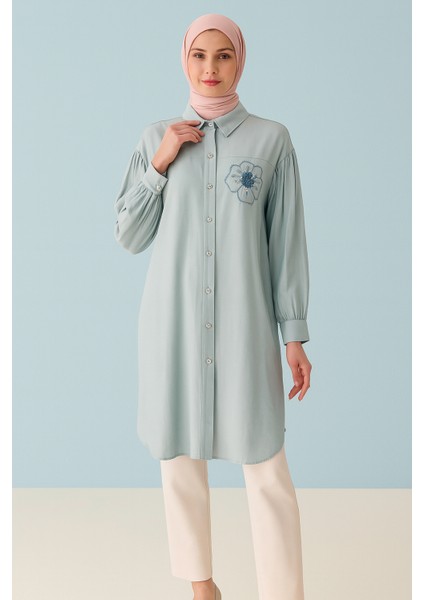 61035 Önü Boncuk Düğmeli Göğüsü Çiçek Desenli Oversize Pamuklu Gömlek #04-25#