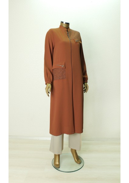 5006 Önü Fermuarlı Omzu ve Cebi Taş Detaylı Kol Ucu Lastikli Hakim Yaka Kap Qys Kap 5006 #G23-04#