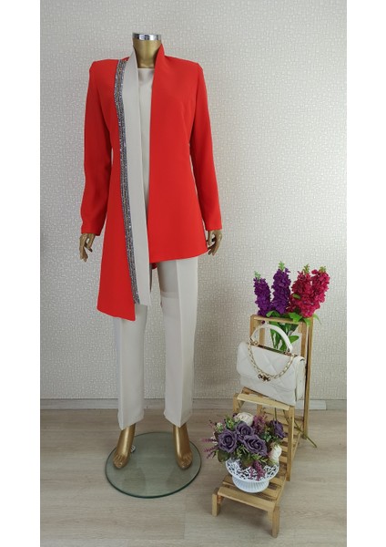 3104 Önü Şerit Taş Detaylı Asimetrik Kesim Beli Bağlamlaı Pantolon Beli Yarım Lastikli 3 Lü Takım Qys Takım 3104 #2032-083