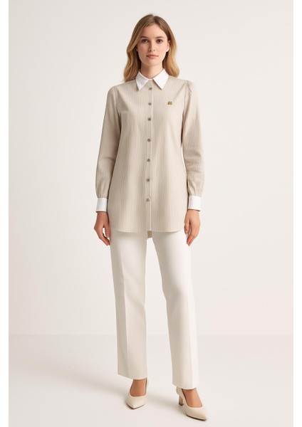 10204 Önü Düğmeli Bebe Yaka Balon Kol Klasik Spor Pamuklu Gömlek #04-25#