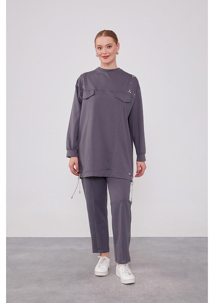 140254 Göğüs Kısmı Cep Detaylı Omuz Taş Detaylı Etek Ucu Ip Detay 2'li Spor Takım Qks