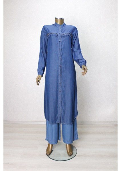 61050 Tunik Önden Düğmeli Göğüs Kısmı Püskül ve Taş Detaylı Tunik Qys Tunk #24-05#