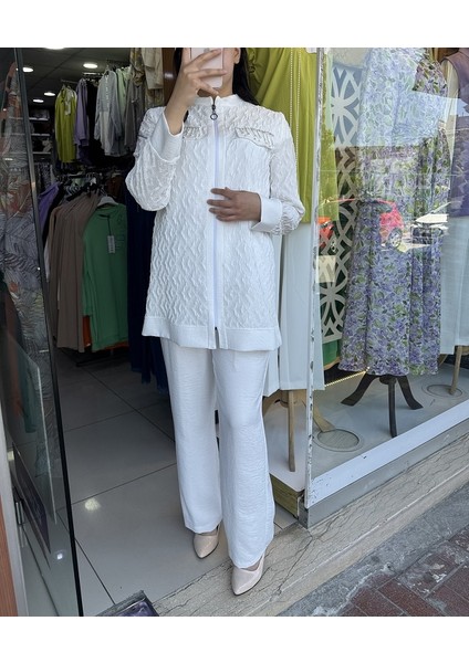1037 Takım Önden Fermuarlı Cep Kapakları Taş Detaylı Pantlonun Beli Lastikli 2 Li Takım Qys Takım