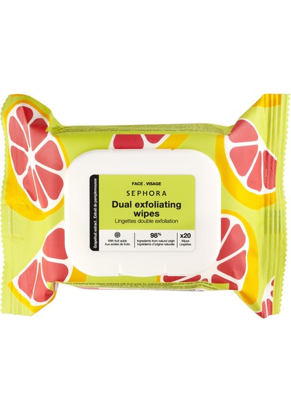 Çift Eksfoliye Edici Mendil - Greyfurt Özü + Meyve Asitleri 20'li