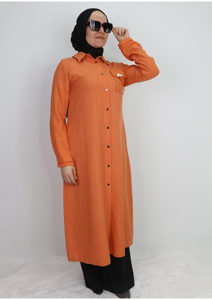 1635 Tunik Önden Düğmeli Cep Kapak ve Kol Ucu Boncuk Detaylı Uzun Tunik Qys Tunik #24-03#